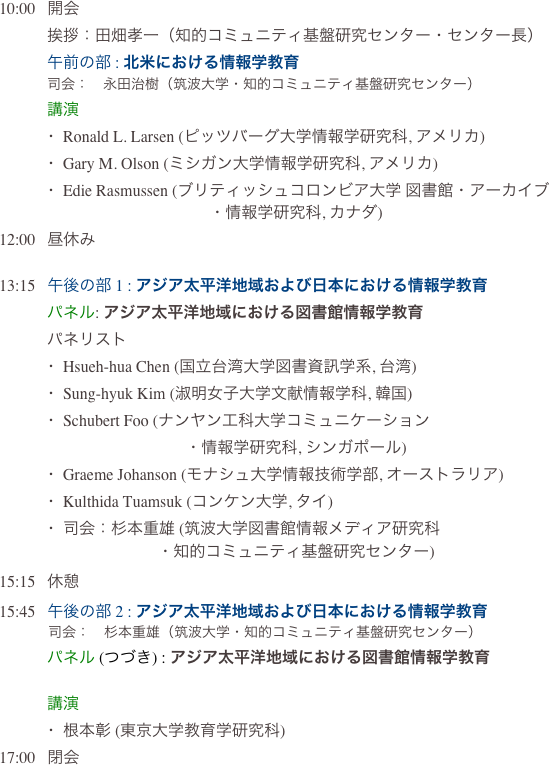 10:00   開会
            挨拶：田畑孝一（知的コミュニティ基盤研究センター・センター長）...